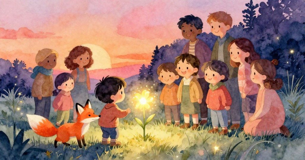 孩子在柔軟草地上發現一朵發光花朵,家人與狐狸充滿驚奇圍觀,夜色神秘,氛圍夢幻溫暖。