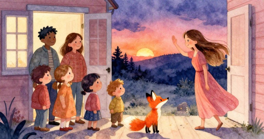 夜晚漸退,陌生女子在門前揮手道別,家人與狐狸滿懷不捨注目,背景樹影輕搖,情感溫馨流露。