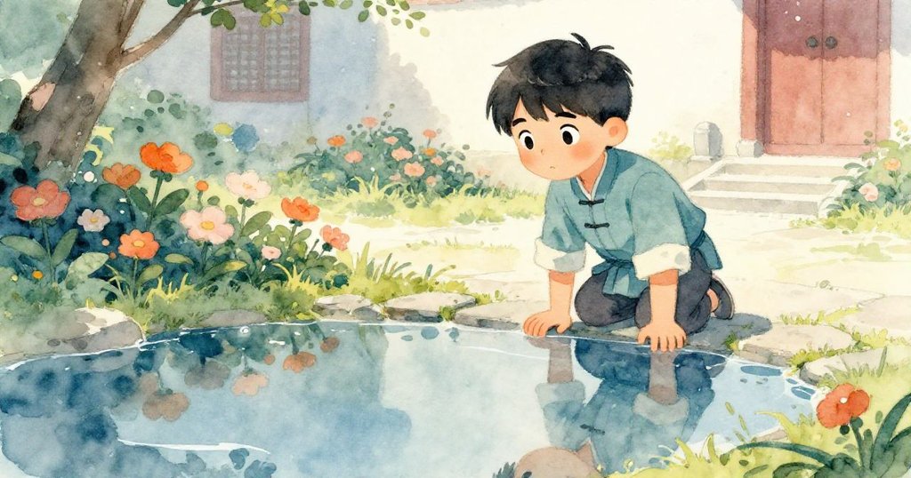 花壇邊水潭中倒映著青年堅定神情，露珠閃爍伴隨晨光，環境生機勃勃且充滿希望