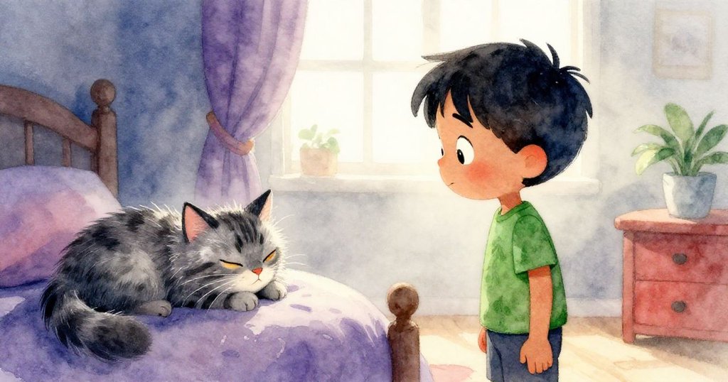 Leo站在溫暖臥室內,驚喜地看著熟睡的Mittens,晨光透過窗簾灑落,場景充滿柔和寧靜感。