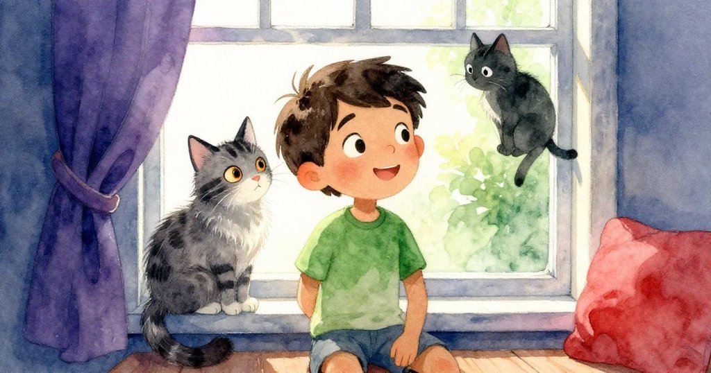 Leo坐在大窗邊輕撫Mittens,溫暖金色陽光照在臉龐上,展現出平靜快樂的情緒。