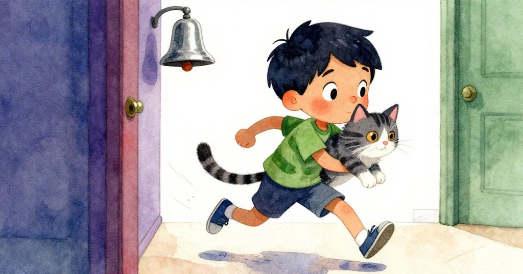 Leo急速奔跑於家中走廊,手中抱著Mittens,腳步堅定有力,背景隱約傳來鈴聲。