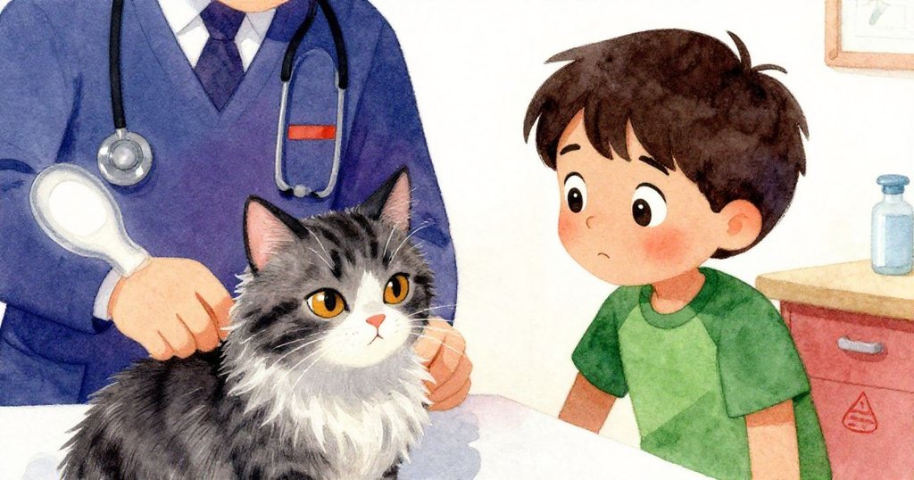 在溫馨獸醫診室內,Leo焦急而充滿希望地看著獸醫細心檢查Mittens身上細微的毛髮異樣。