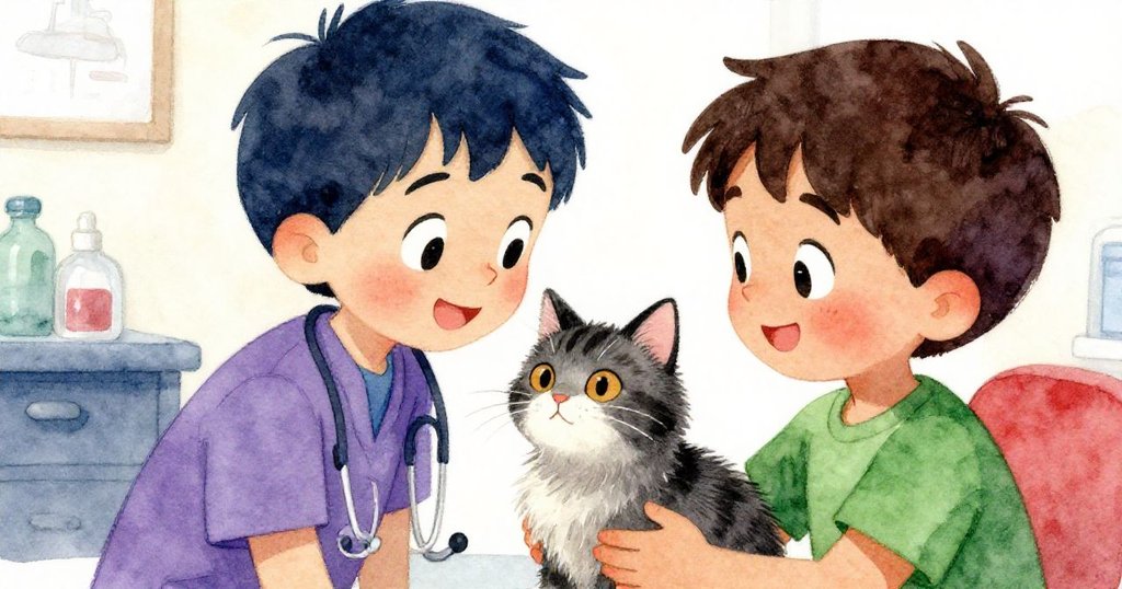 在獸醫診室內,Leo和獸醫面帶溫暖微笑,共同分享Mittens滿足呼嚕的幸福時刻,氣氛溫馨慶祝。