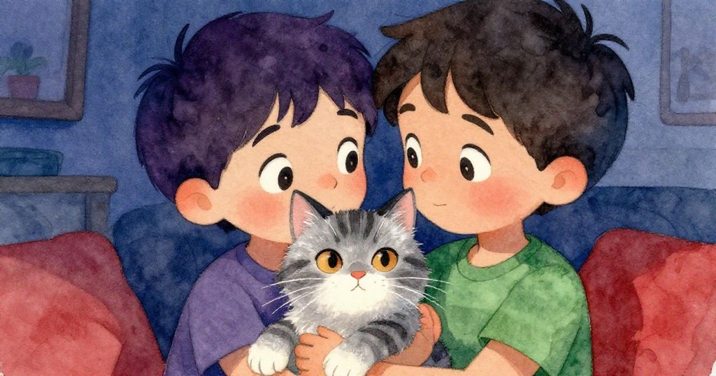 Leo溫柔抱著Mittens,兩人眼中流露出深情與平靜,背景柔和朦朧,彷彿凝固了一天的美好時光。