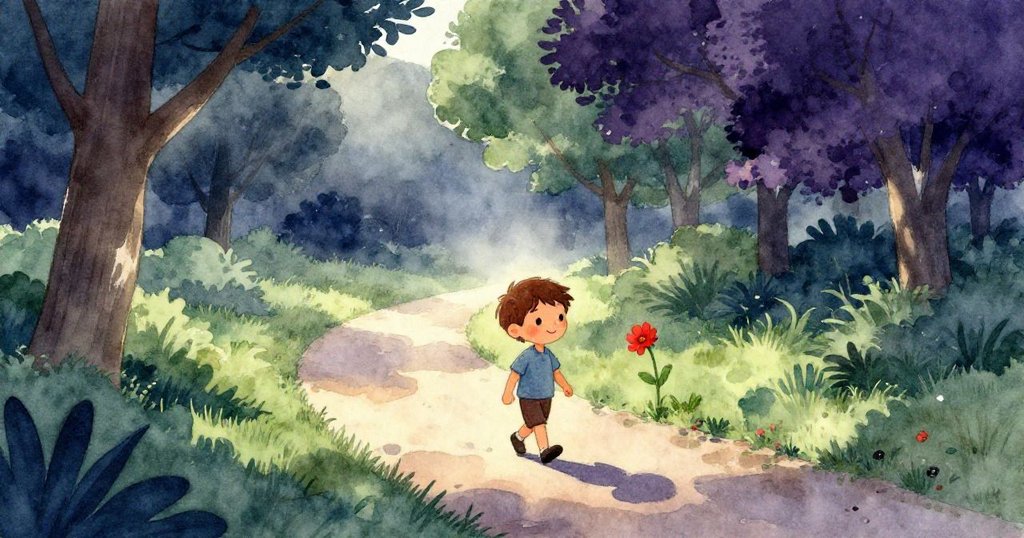 本走入公園，發現一朵鮮紅的花朵，清晨公園中有綠樹與淡霧，充滿期待與溫暖感。