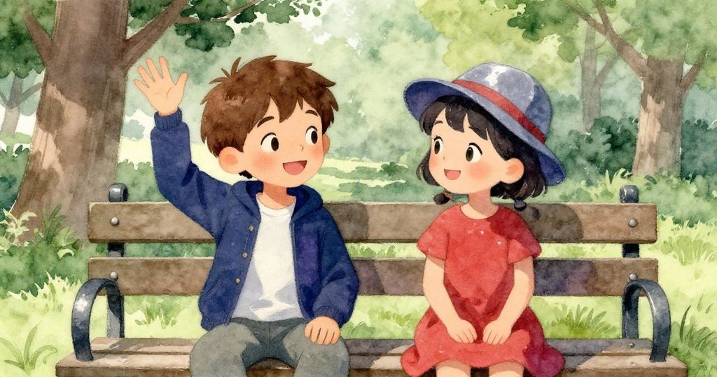 本與朋友在公園長椅前相遇，朋友揮手，本露出溫暖笑容，近景捕捉情感交流，充滿友愛氣氛。