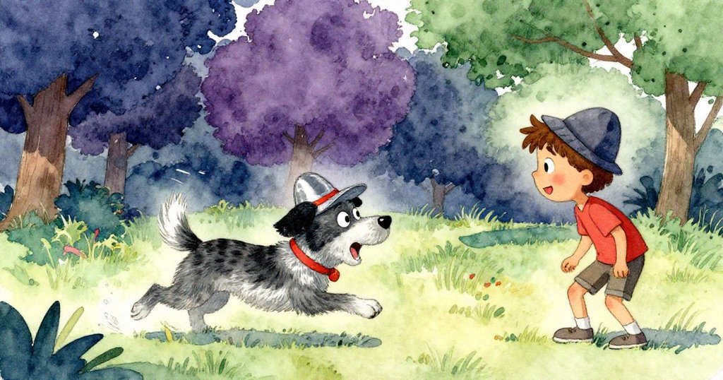 本看到一隻戴著帽子的流浪狗奔向朋友，本驚訝地注視，低角度突顯狗兒活力，背景有綠樹與晴空，充滿童趣。