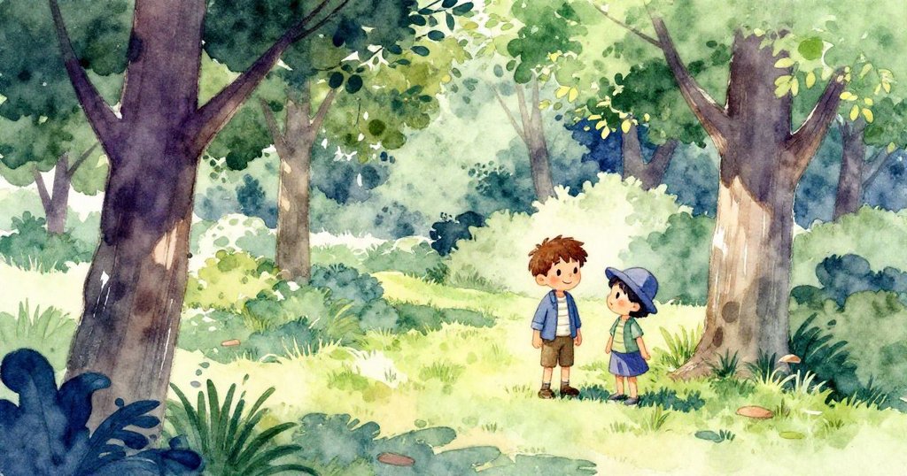 本與朋友在綠樹旁愉快交談，從高處俯瞰整個公園，人物展現溫馨表情與手勢，每個細節皆傳達友愛氛圍。