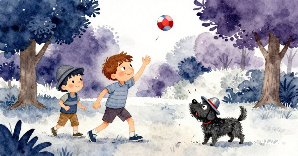 本場景突遇大聲響，球飛過頭頂，本與朋友及流浪狗分別展現驚訝神情，動感十足，公園背景明亮而活躍。