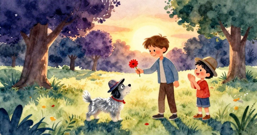 本在黃昏夕陽下，公園充滿金色光輝，本輕撫戴帽流浪狗，與朋友共享快樂，本拾起鮮紅花朵結束美好一日。