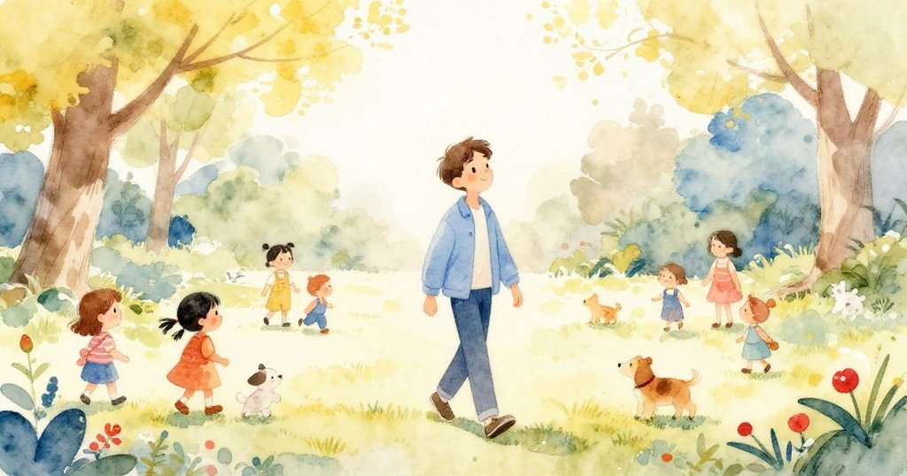 湯姆在陽光普照的公園小徑中穿越人群,和家庭與動物互動,表情充滿希望與溫暖