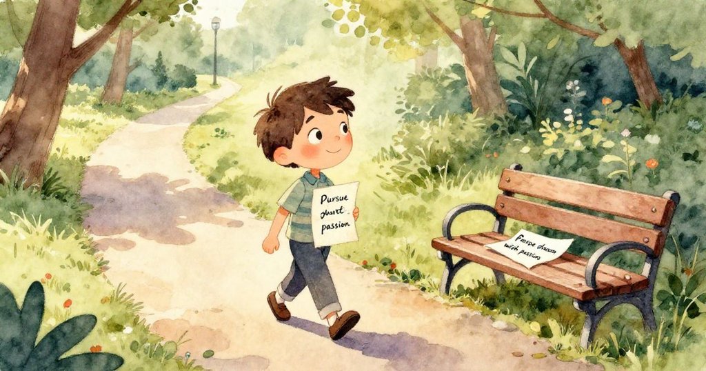 桌凳上放著一張小紙條,字跡清晰鼓勵追夢,背景呈現柔和的自然光線和細膩的公園氛圍