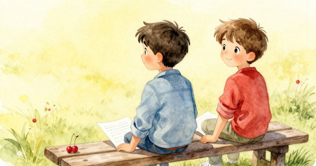 湯姆轉頭看向正在走近的兄弟,背景有木椅及激勵紙條,兩人神情溫馨且充滿童年回憶