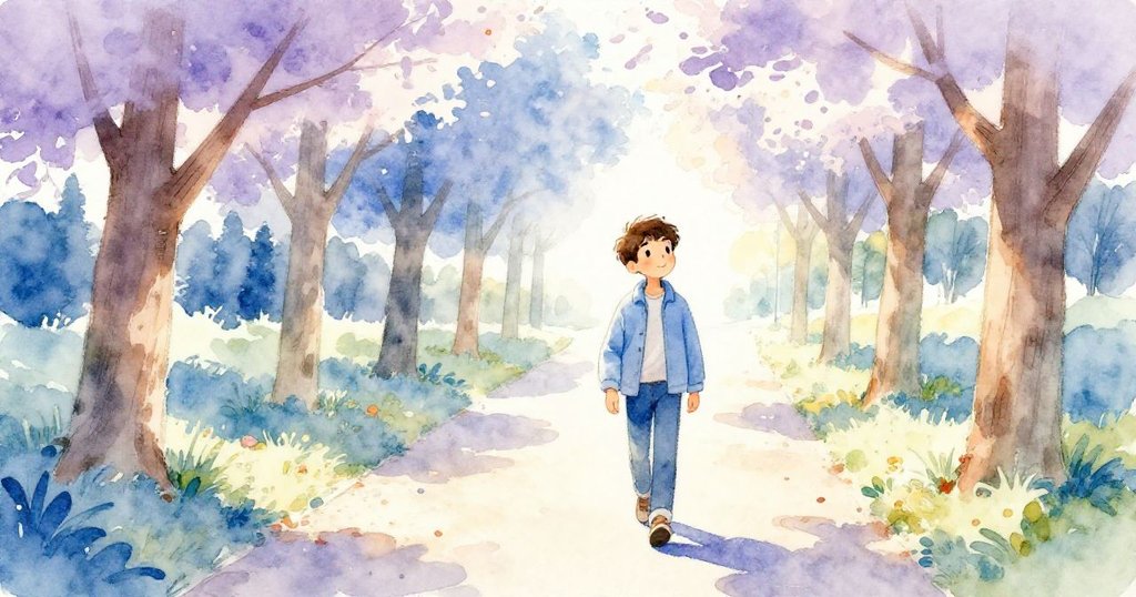 湯姆在公園林蔭道上行走,背景由清晨轉為金色午後,陽光與影子交織,展現他平靜堅定的內心旅程