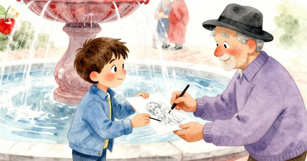 在明亮噴泉邊,湯姆與和藹男子互動,接過描繪繁忙都市的希望草圖,動態姿態充滿激勵