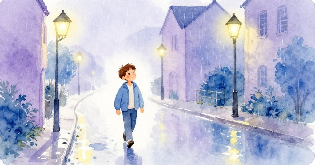 傍晚微雨中,湯姆踏著平靜步伐回家,街道映出溫暖燈光,他臉上滿是追夢和回憶的光芒