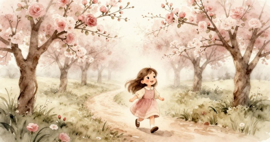 莉莉迎著晨霧走入花開果園，輕柔光線灑落小徑上，她充滿期待與平靜，展現出春天的新生氣息。