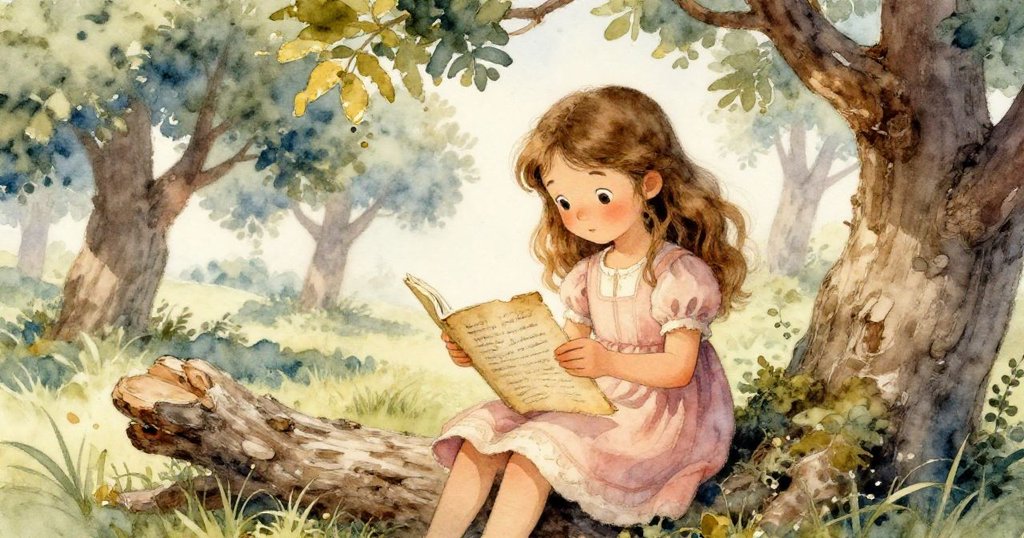 莉莉彎身閱讀樹幹上別著的舊紙條，紙條字跡清晰，她滿懷好奇與驚喜，背景顯示春日果園。