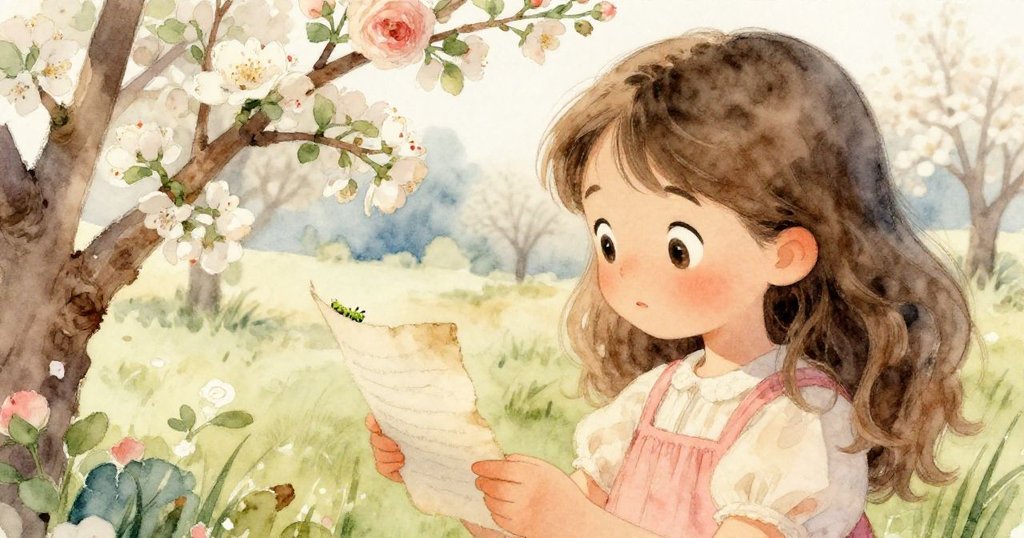 莉莉肩後視角中仔細閱讀舊紙條，手捧紙條、眼神專注，背景滿布春日花朵與小毛毛蟲，充滿童趣。