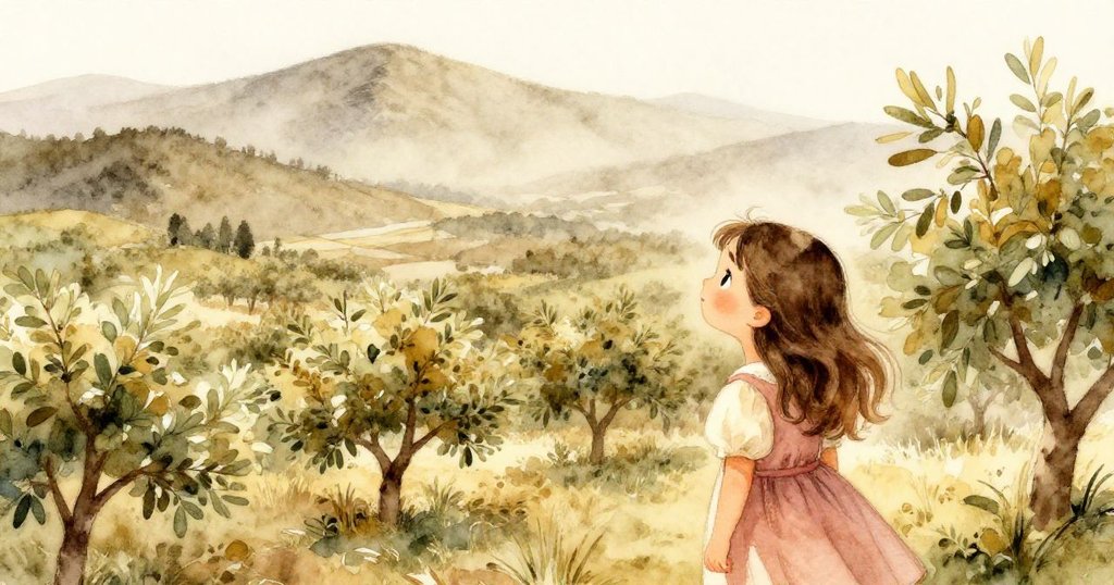 莉莉站在高處俯瞰廣闊果園與遠方山嶺，雙眼充滿驚嘆，背景展現出春天豐盛與遠山呼應。