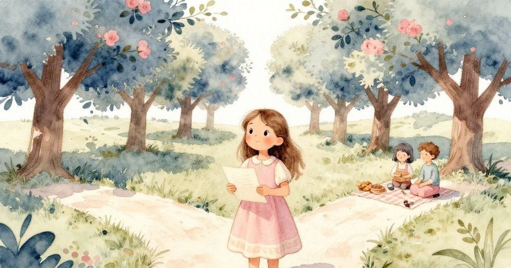 莉莉立於分岔路口，緊握紙條神情堅定，指示牌顯示野餐方向，背景呈現春日果園與路徑岔口。