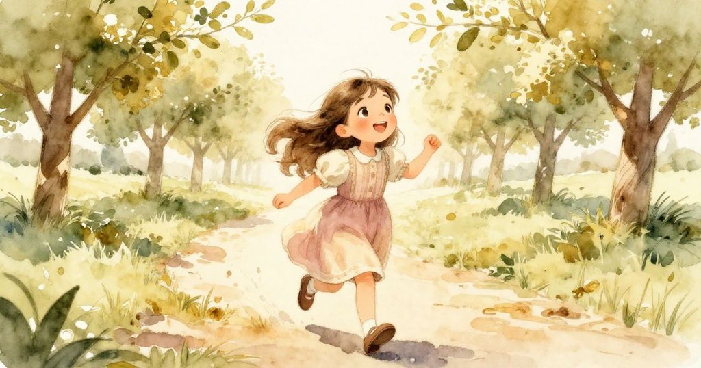 莉莉邁步走在開闊小徑上，臉上洋溢喜悅與期待，春日果園背景展現新冒險與溫暖光芒。