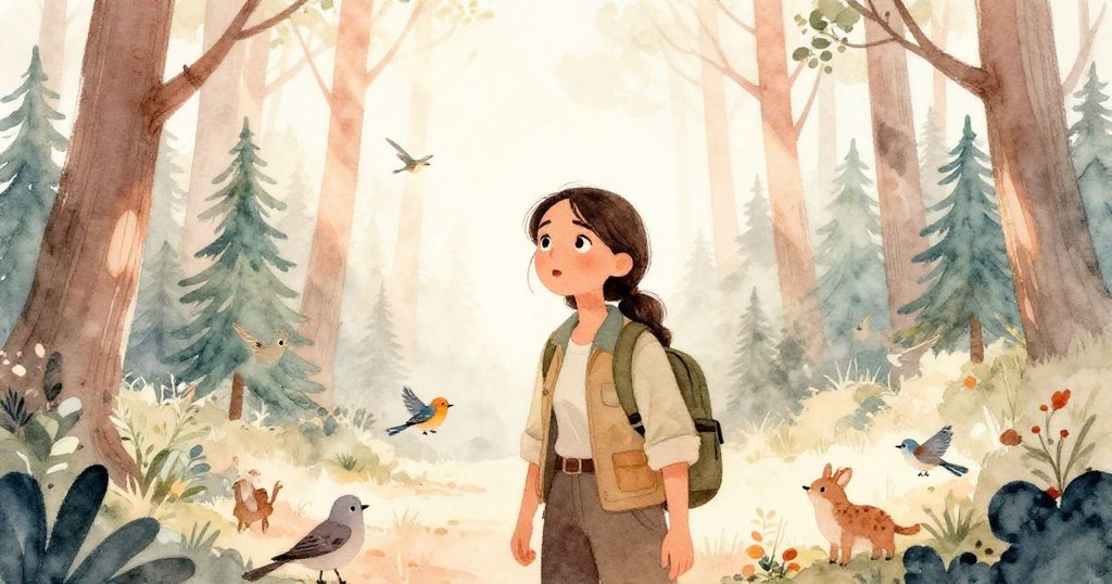 瑪麗娜在晨曦中走在充滿生機的古老森林裡，與鳥兒及小動物互動，臉上帶著期待與希望。