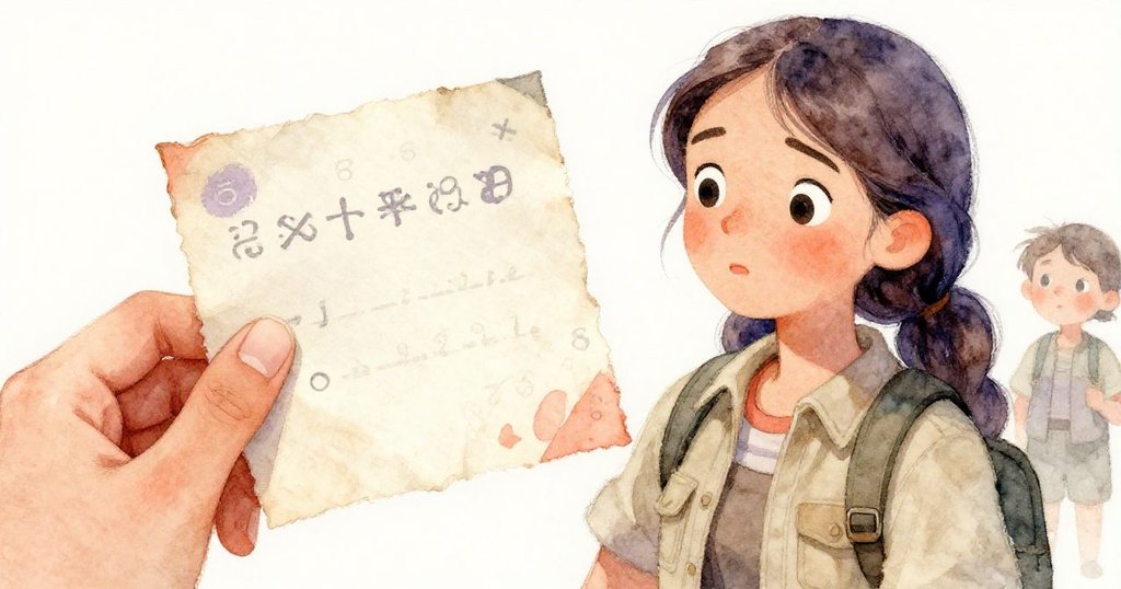 瑪麗娜專注地閱讀一封褪色的祖先信件，手部特寫展現信紙上的古老符號，背景隱約顯露森林景致。