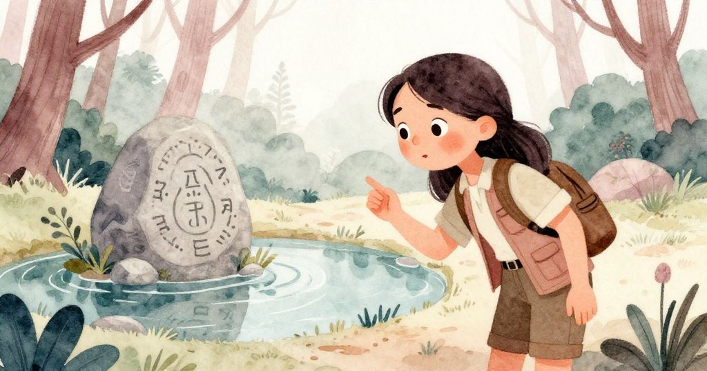 在隱蔽空地的池塘旁，瑪麗娜低頭檢視刻有古符的神秘石頭，池水中映出藍天和她充滿驚奇的身影。