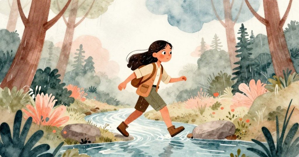 驟雨後的森林中，瑪麗娜小心翼翼跨過蜿蜒的溪流，周圍充滿濕潤光影和雨後清新的自然氣息。