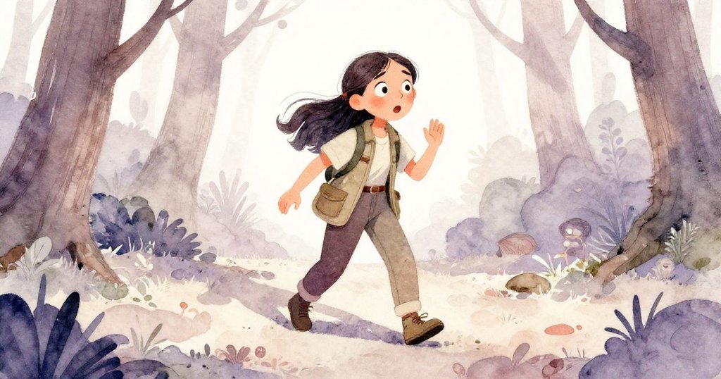 瑪麗娜在濕潤的苔蘚地上驚訝地停下腳步，眼神中透露著警覺與疑惑，光影交錯間展現動態瞬間。