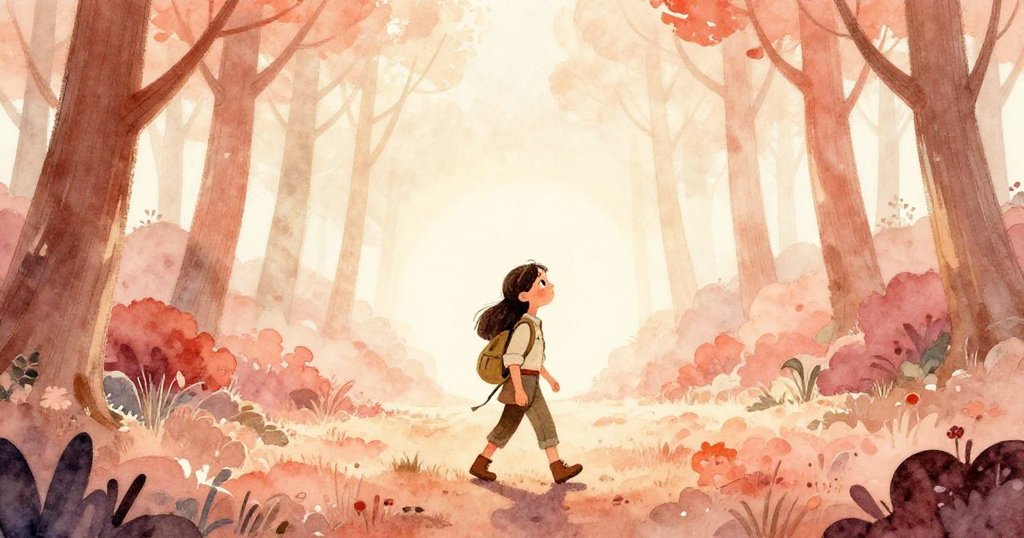 日落時分的廣闊森林中，瑪麗娜顯得渺小卻堅毅，她踏著長路前行，整個景色散發出溫暖金光與自然奧秘。