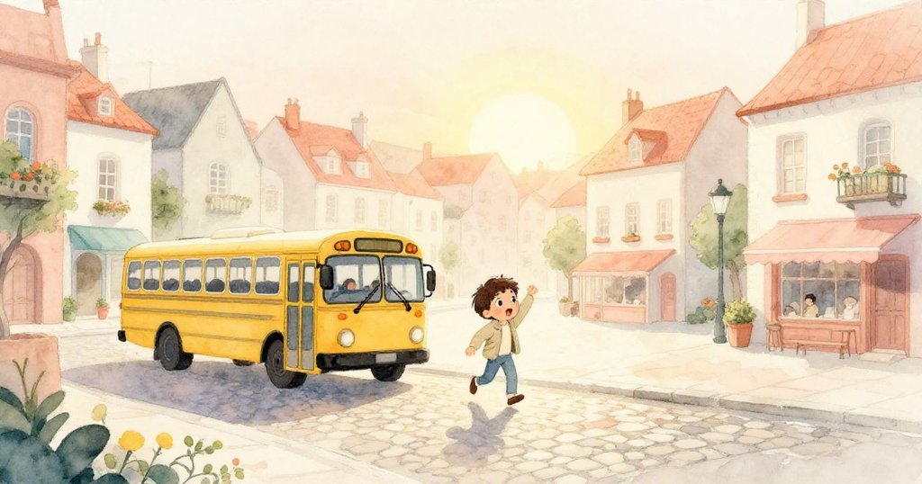 艾弗里下公車，走在古老石板路上，曦光映照，臉上充滿期待，開始展開探索歷史與現代交織的故事。