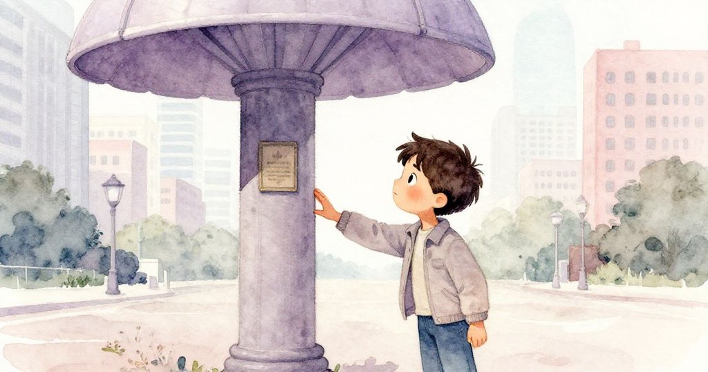 艾弗里靠近廣場中心的柱子，細看刻著一個字的牌子，手觸石面，感受歷史與現代融合的神秘氛圍。