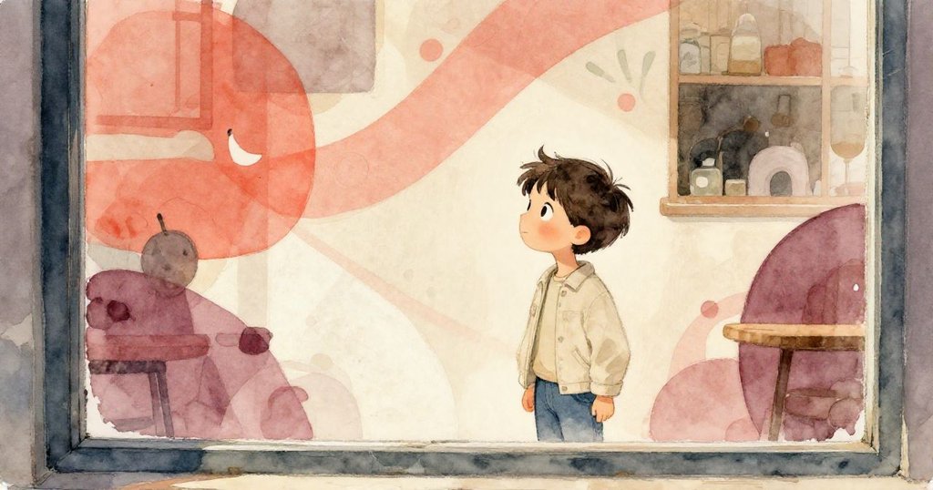 艾弗里透過咖啡館窗戶觀看牆上鮮豔的壁畫，驚喜注視，室內外交融，展現廣場歷史與現代藝術的共鳴。