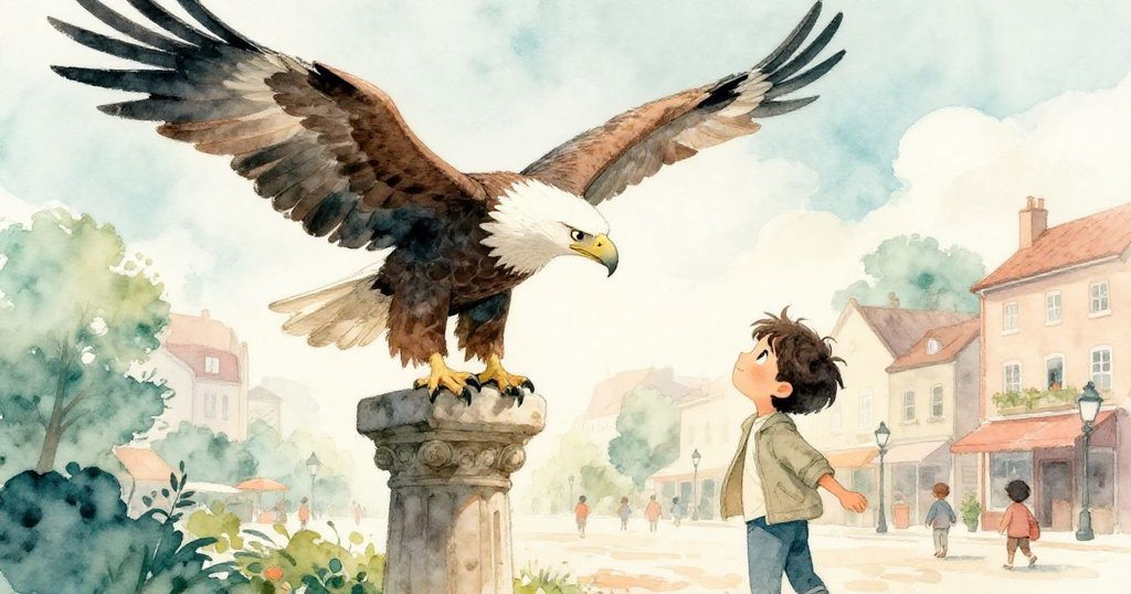 艾弗里目光驚奇望向猛禽從晴空飛降，動感瞬間抓住鳥與柱子交會，廣場人群靜觀其變，充滿期待。