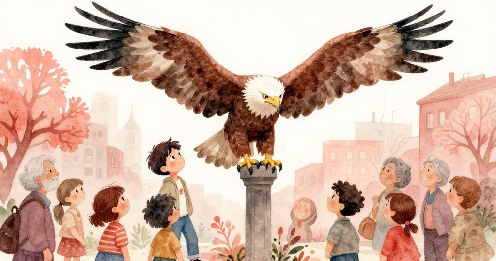 艾弗里與村民共同圍觀柱頂棲息的鷹，孩童興奮指著高處，老人微笑回憶，營造出溫馨團結的氛圍。