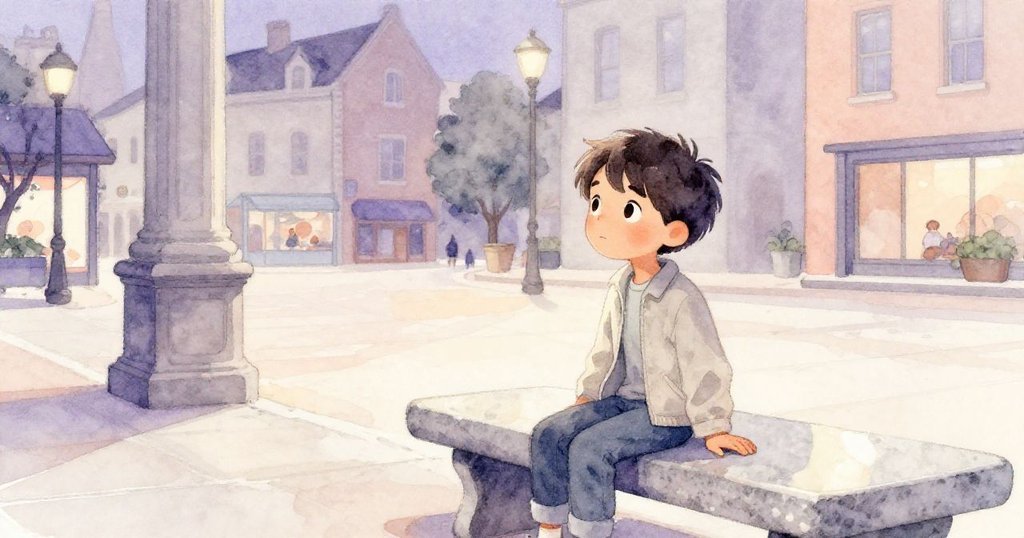 艾弗里於暮光中坐在花崗岩長椅上沉思，廣場靜謐融合歷史與藝術，結束一天的奇遇與回憶。