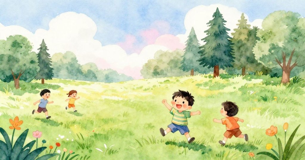 小明和朋友們在綠色公園裡快樂奔跑,陽光灑落,充滿希望,開始新一天的冒險旅程。