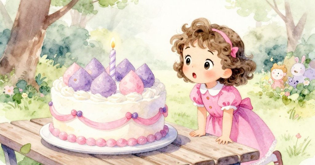 蘇菲在長椅邊發現華麗蛋糕,神情驚喜與好奇,蛋糕細節豐富,公園環境愜意。