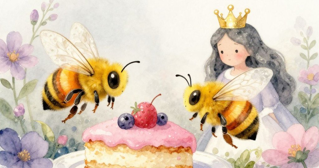 蜜蜂輕飛接近蛋糕,從微觀角度見到蜂后,充滿奇幻與神秘,場景細節豐富,氣氛夢幻。