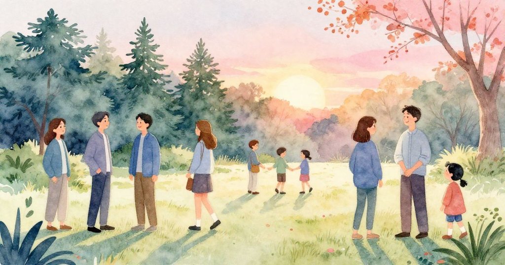 大人們在夕陽下歡聚一堂,輕鬆交談,夕光柔和映照公園,午後氛圍寧靜溫暖。