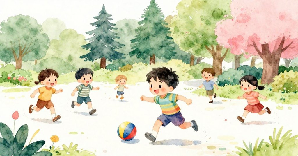 小明與夥伴們急速追逐滾動的球,動作活潑快樂,笑容燦爛,公園場景充滿活力。