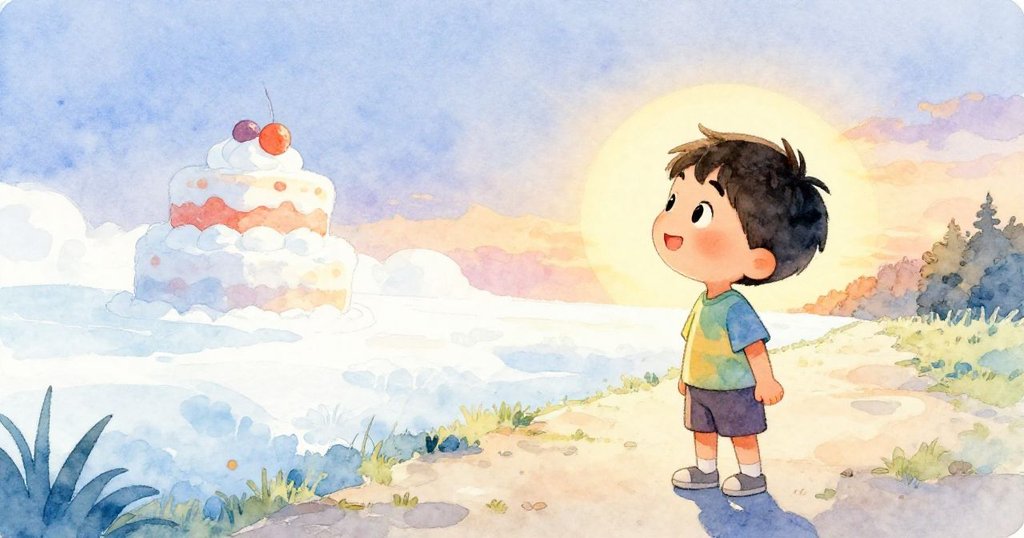 小明靜立望向遠方,夕陽下驚見新蛋糕,臉上浮現驚奇與希望,預示未來冒險開始。