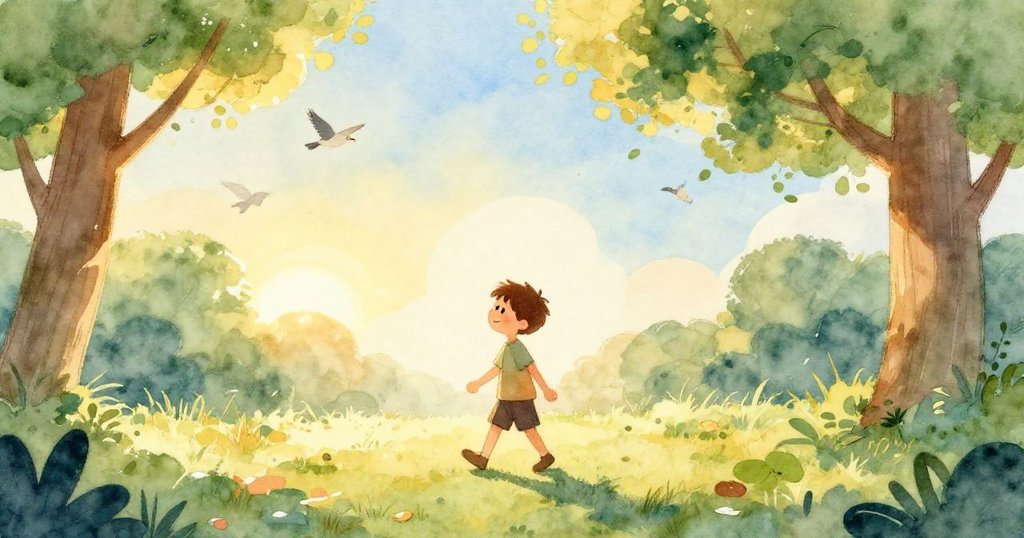 本在公園中漫步,剪影映襯晨光,背景中鳥兒飛翔與綠樹相伴,展現出溫暖的早晨氣息與童趣。