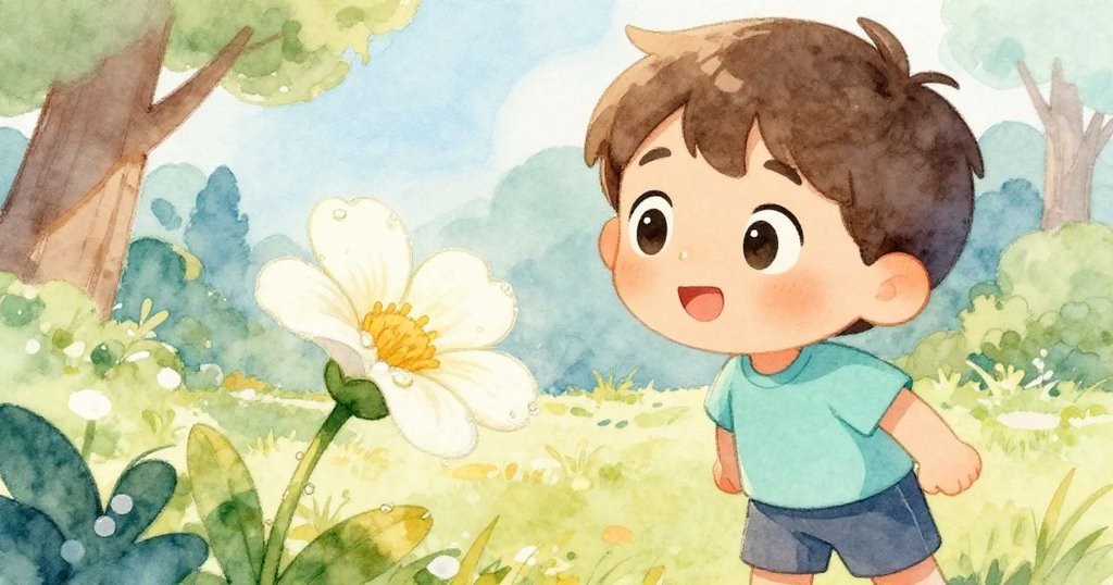 本凝視著一朵鮮花,眼中流露驚奇與好奇,花瓣沾著露珠,營造出細膩溫馨的公園花園氛圍。