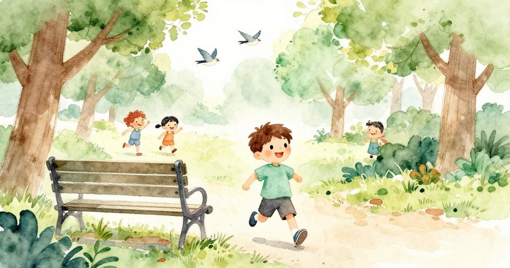 本奔跑於長椅旁,背影映入眼簾,孩子們快樂微笑,鳥兒輕唱伴隨,展現活力四溢的公園氛圍。