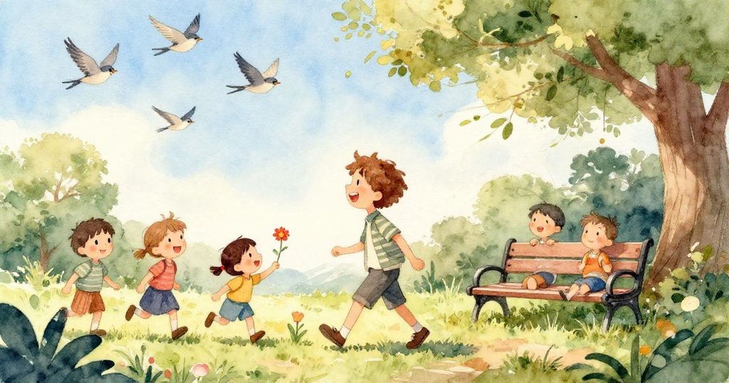 公園場景中卡車緩停,流浪狗快步穿過,樹葉隨風輕舞,展現出午後暖陽與動感氛圍。