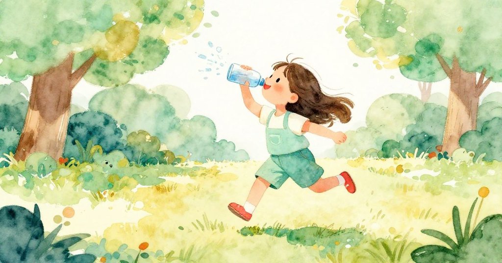 公園中女孩動感十足,邊喝冰水邊握紅球,活力四射,背景映襯著明亮陽光與清新綠意。